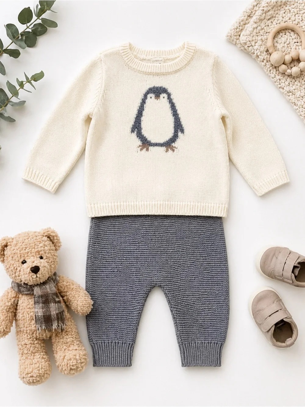 Carter’s 3T Toddler Set Penguin Sweater Knit Pants Gray Cream Cozy Unisex NWT - Picture 1 of 5